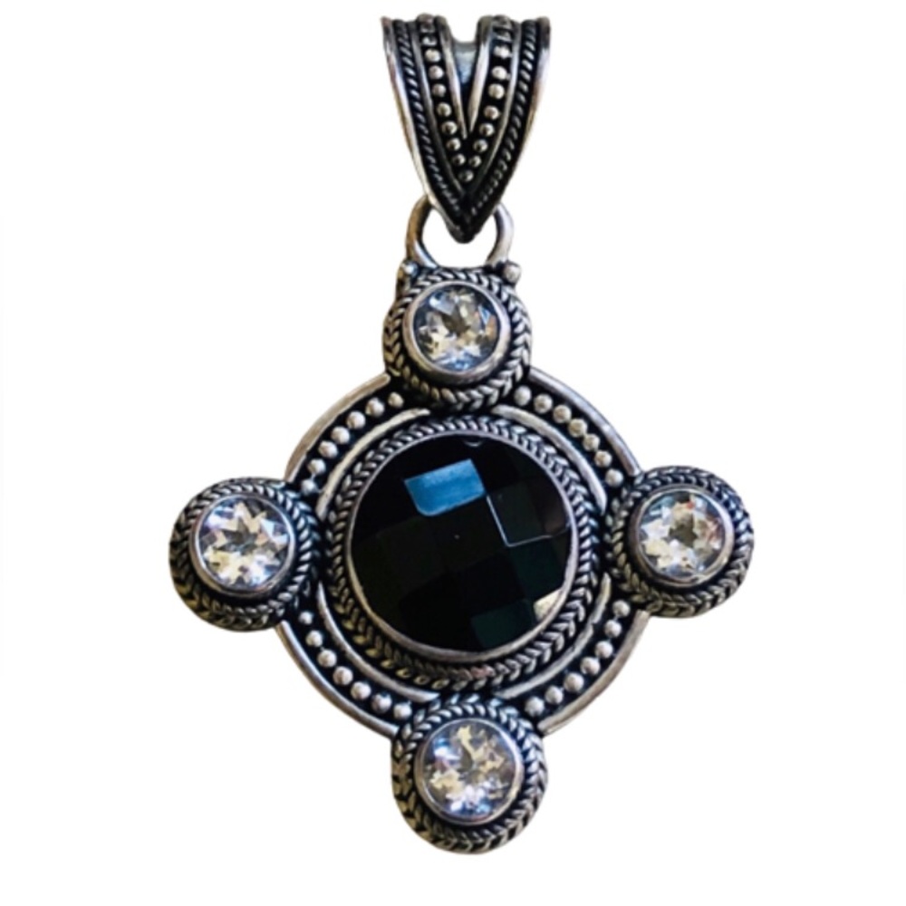 Artisan Sterling Onyx White Topaz Boho Pendant